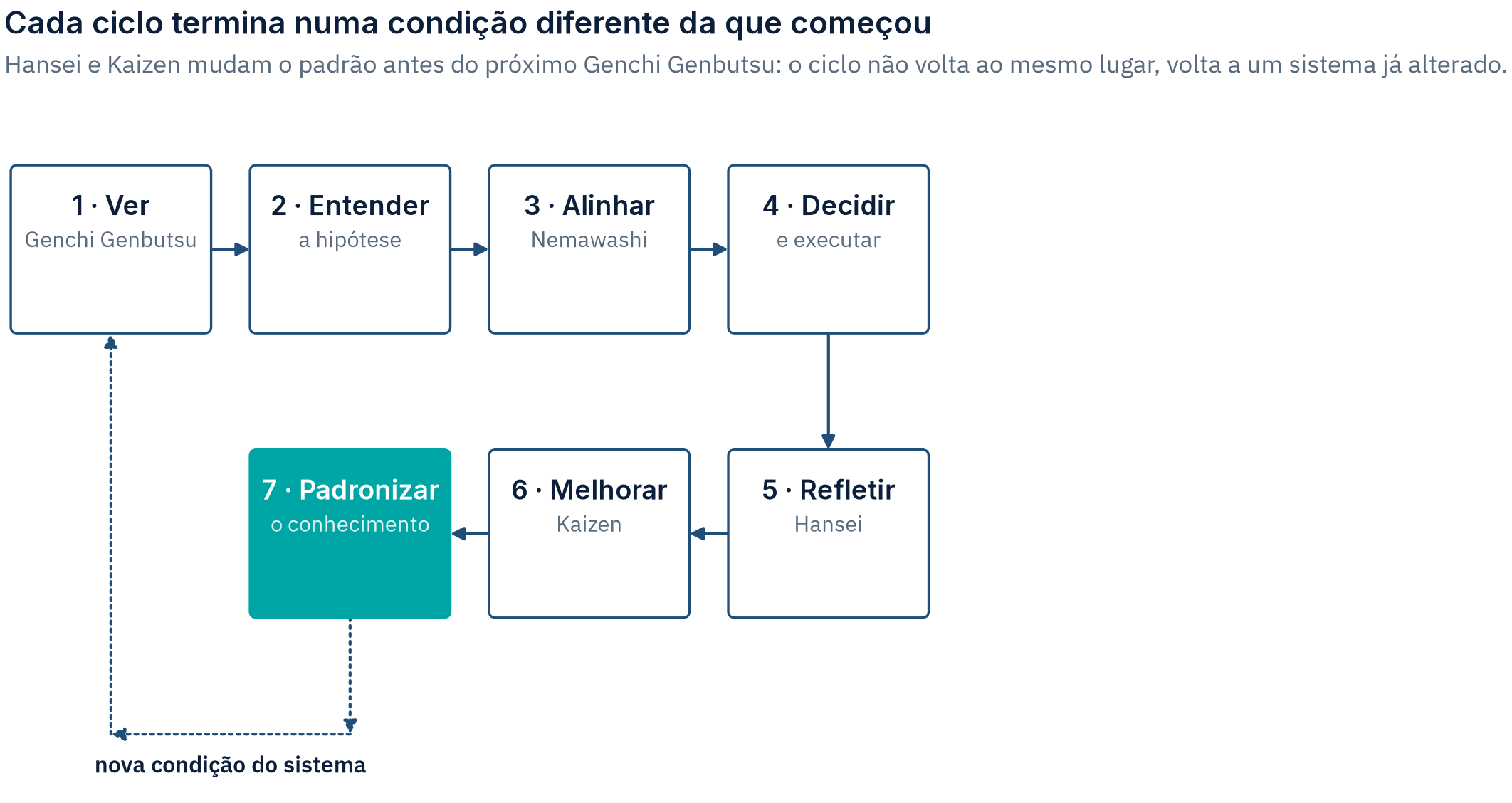 Sete caixas em serpentina: Ver (Genchi Genbutsu), Entender, Alinhar (Nemawashi), Decidir, e voltando Refletir (Hansei), Melhorar (Kaizen), Padronizar (em destaque), com um loop tracejado de volta a Ver, rotulado "nova condição do sistema"